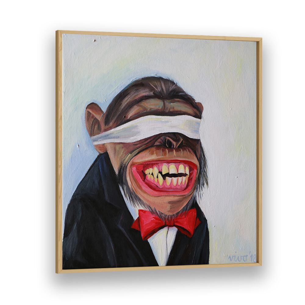 Vibrant BLINDFOLDED GRIN, COMIC POSTERS art featuring a monkey in a tuxedo, perfect for comic lovers' decor.