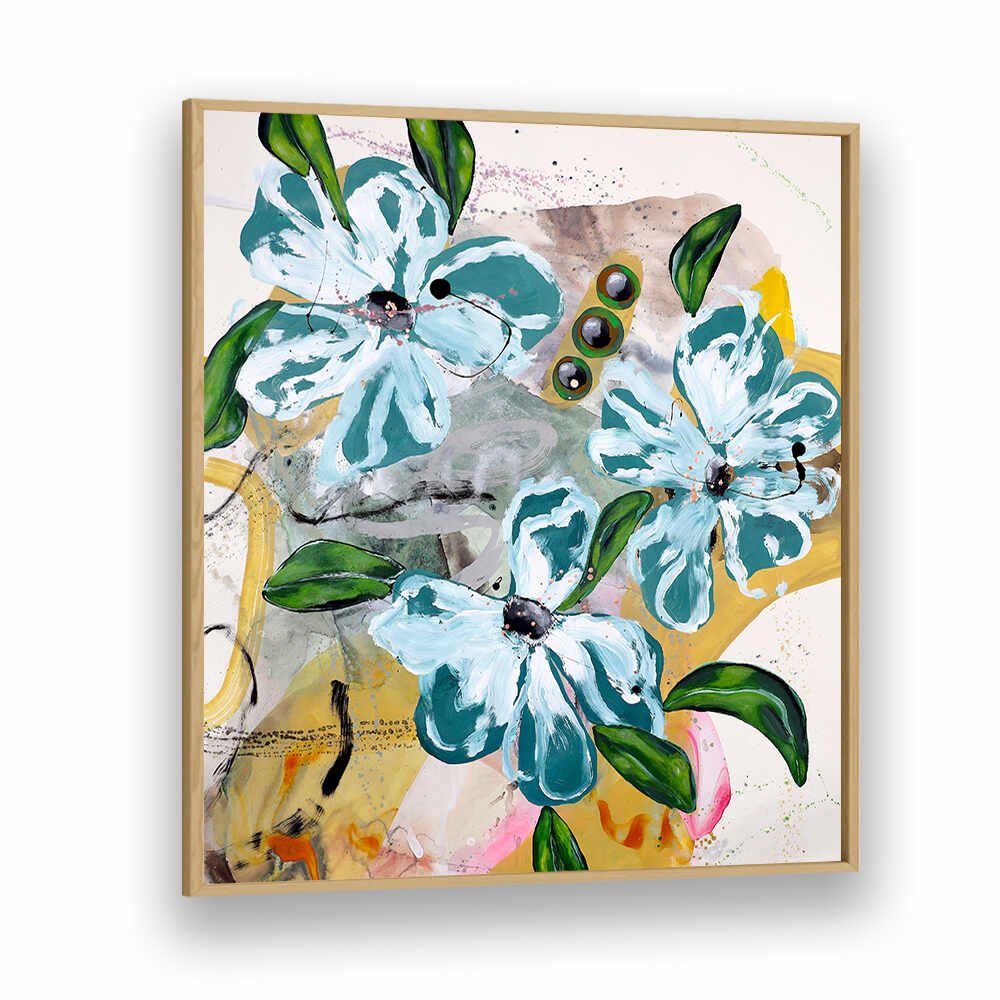 BOLD BLUE AND GREEN FLOWERS , FLORAL FLOWER PAINTINGS