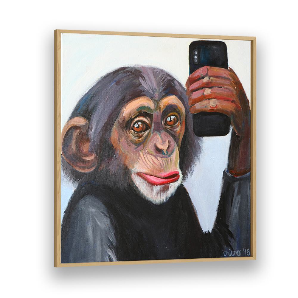 CHIMP'S SELFIE MOMENT, COMIC POSTERS captures a playful chimp holding a smartphone, perfect for vibrant decor.