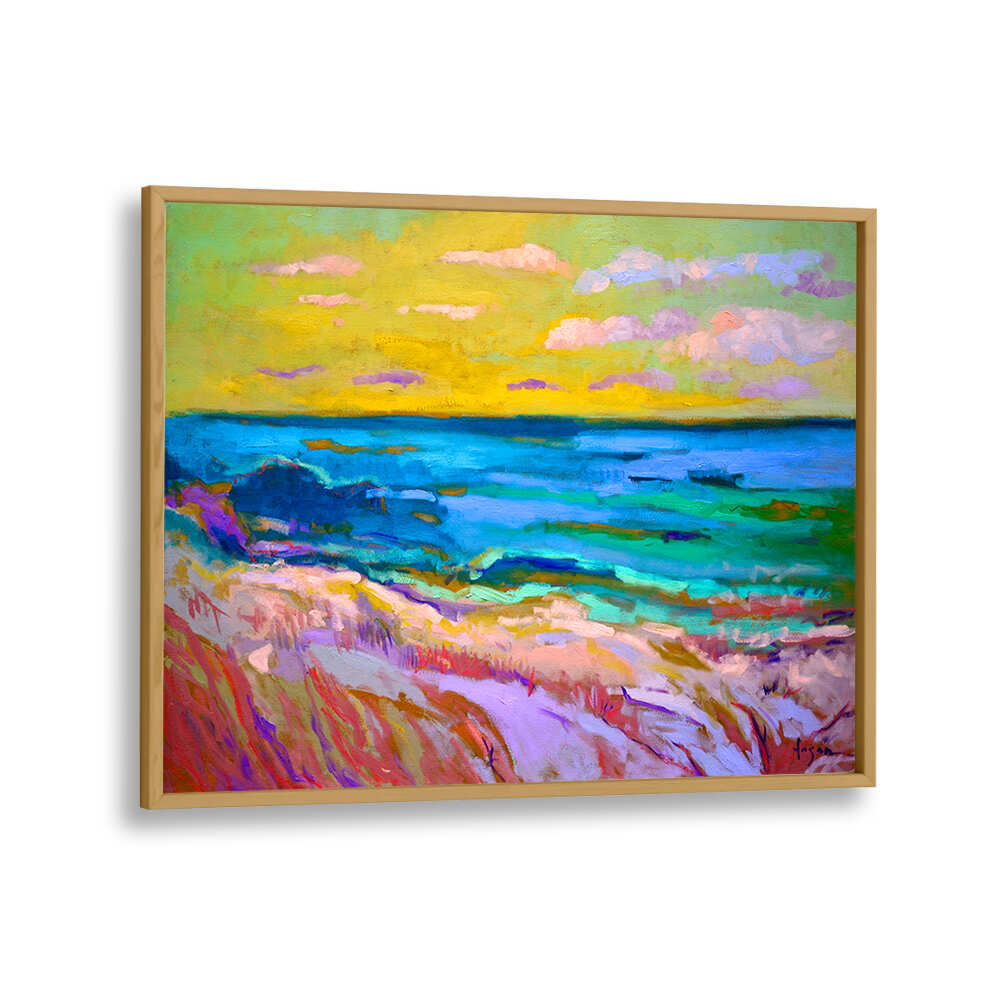Oakwood Plain COASTAL  SUNSET , LANDSCAPE PAINTINGS vibrant framed coastal sunset over dunes and turquoise sea