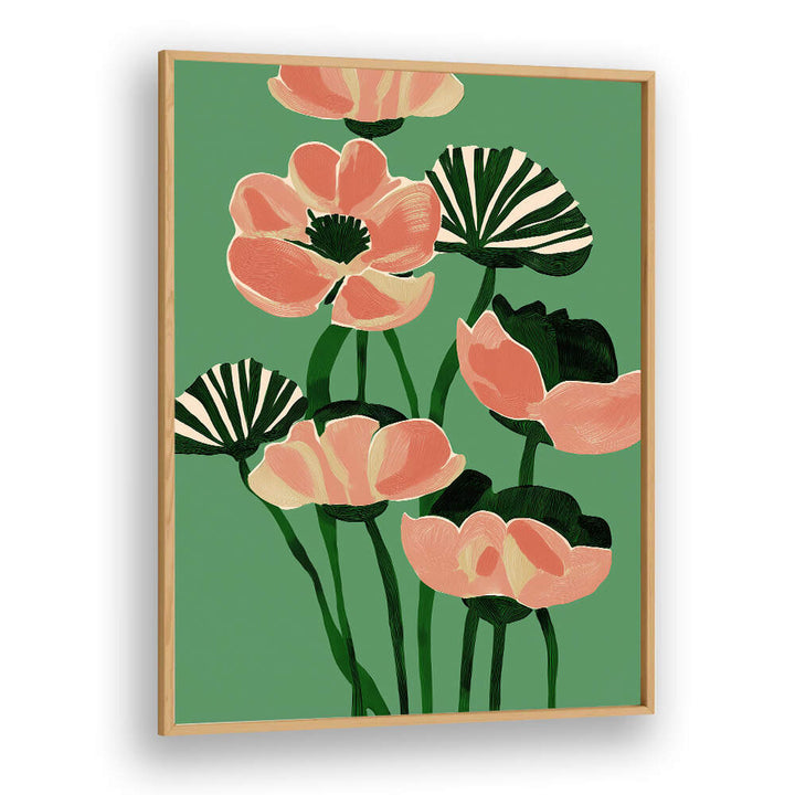 CORAL POPPIES ON GREEN , FLORAL FLOWER PAINTINGS