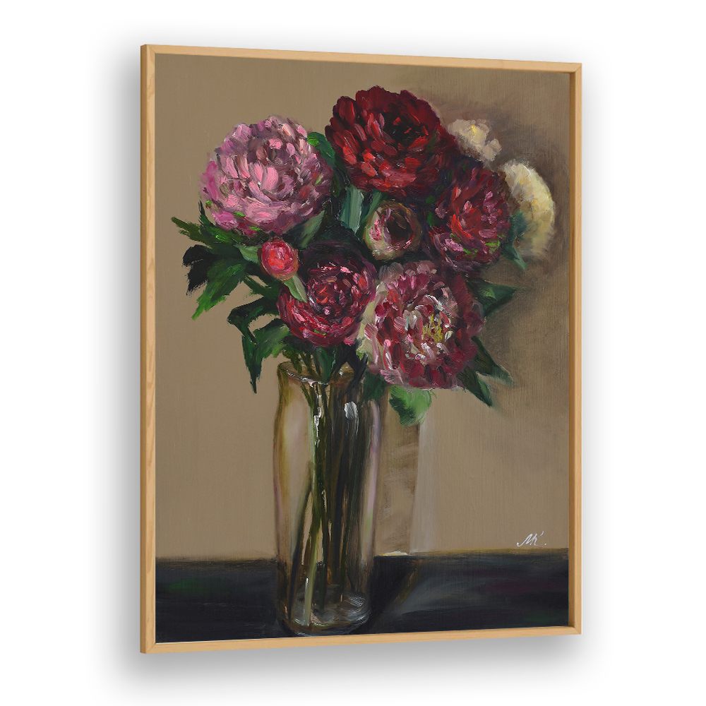 DARK RED PEONIES IN GLASS VASE
