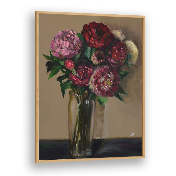 DARK RED PEONIES IN GLASS VASE