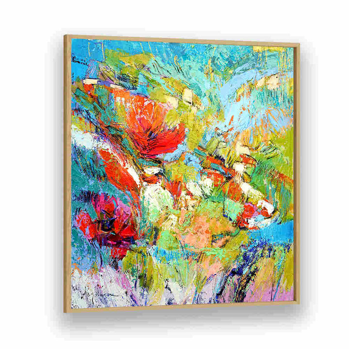 Oakwood Plain FLORAL HARMONY BURST , ABSTRACT PAINTINGS vibrant framed abstract floral canvas with bold red, blue and green strokes