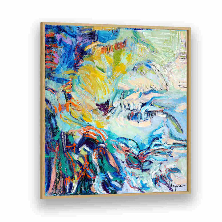 Oakwood Plain canvas FLOWING HUES , ABSTRACT PAINTINGS swirling blue, yellow and teal brushstrokes in wood frame