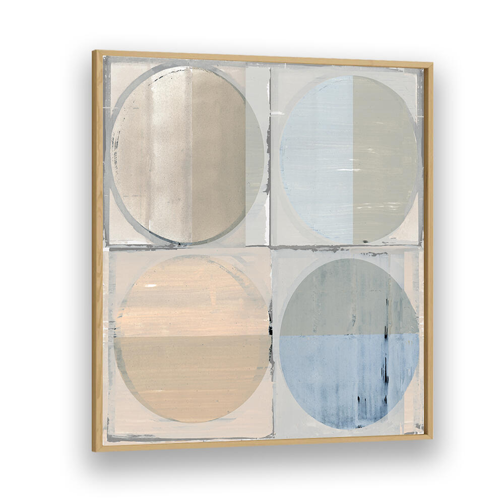FOUR CIRCLES AND SQUARES I, GEOMETRIC ART PRINTS features a modern blend of colors and shapes, perfect for stylish decor.