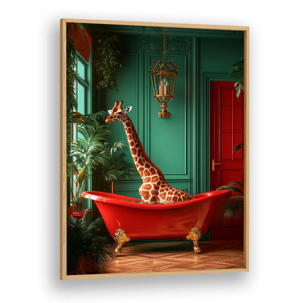 GIRAFFE IN THE BATHTUB TROPICAL ANIMALS , BATHROOM ART PRINTS