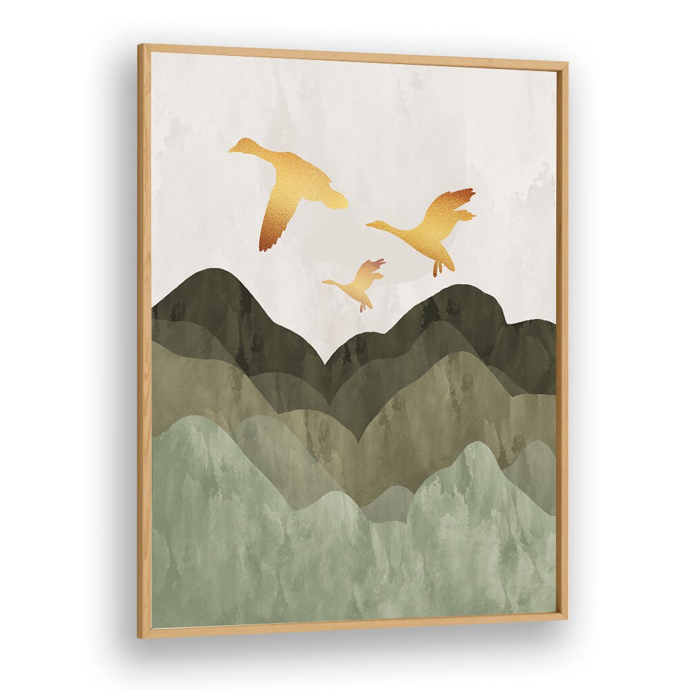 Golden birds flying over serene mountains, showcasing breathtaking landscape paintings for your home decor.