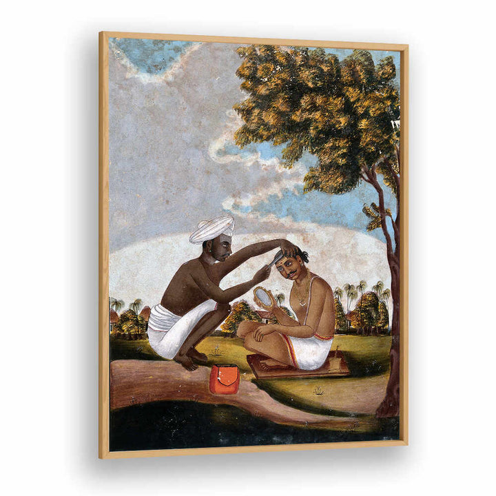 HINDU BARBER SHAVING A MAN'S HEAD