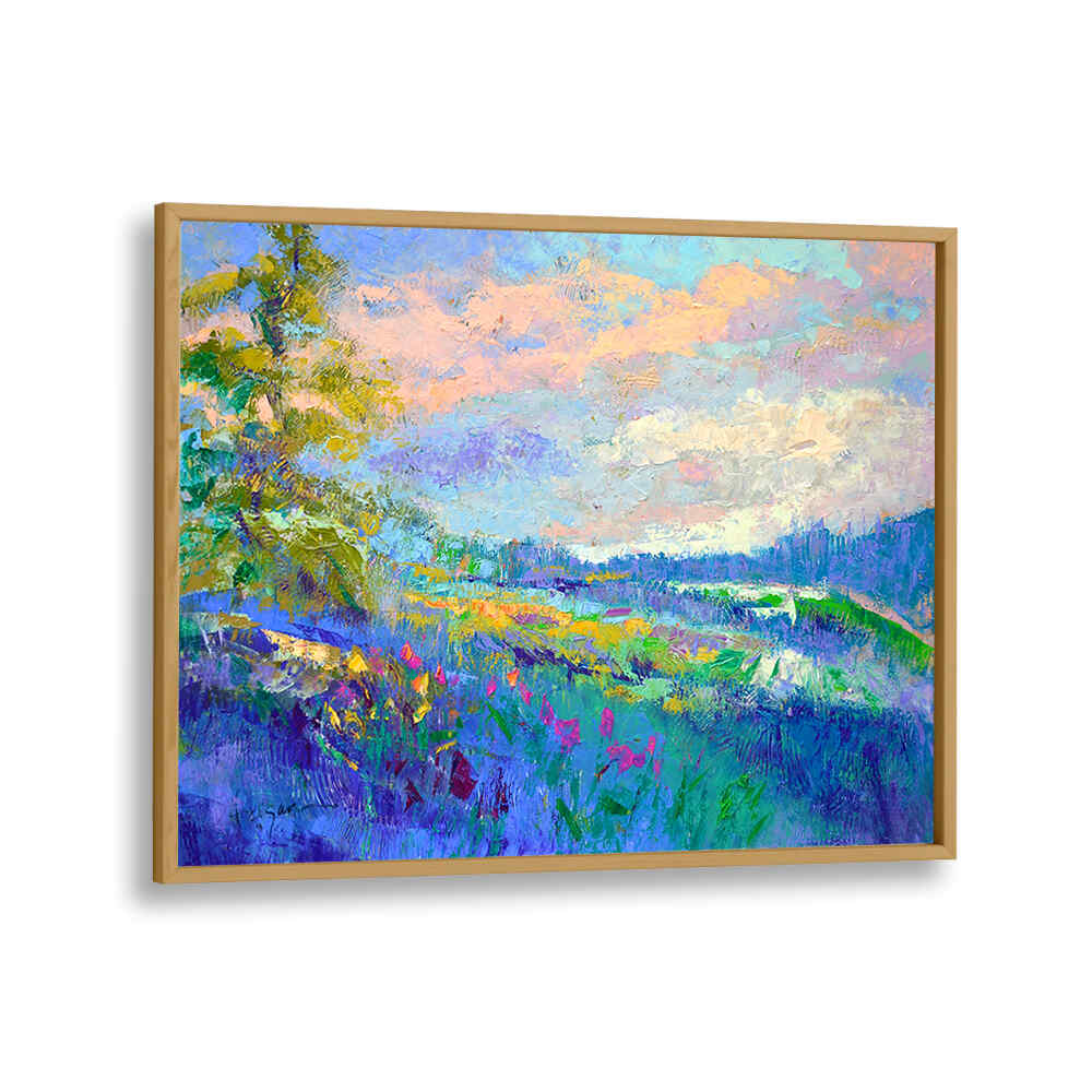 Oakwood Plain IMPRESSIONIST , LANDSCAPE PAINTINGS – framed colorful impressionist landscape with meadow, wildflowers, tree and distant hills