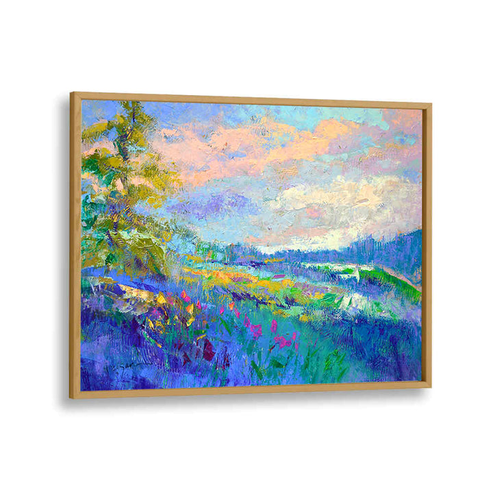 Oakwood Plain IMPRESSIONIST , LANDSCAPE PAINTINGS – framed colorful impressionist landscape with meadow, wildflowers, tree and distant hills