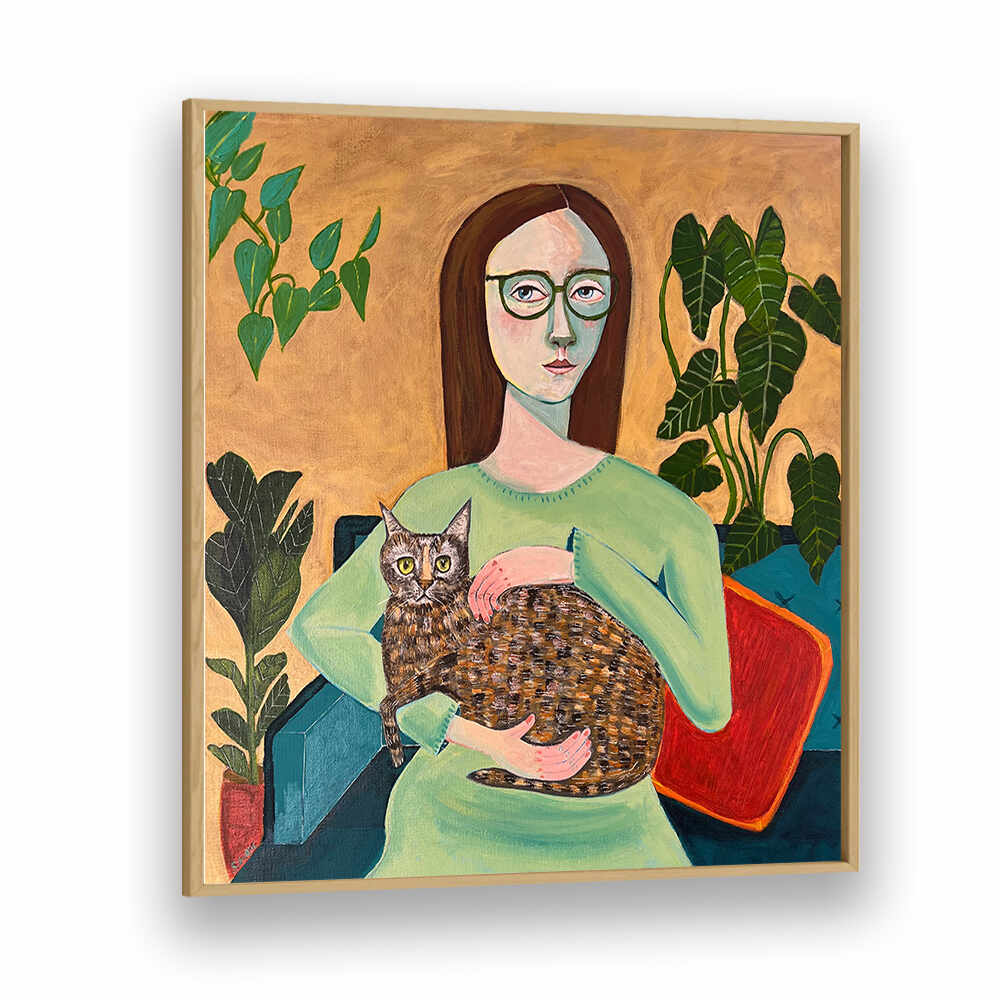 LADY WITH HER CAT IN LOUNGEROOM , PORTRAITS & FIGURATIVE ILLUSTRATIONS