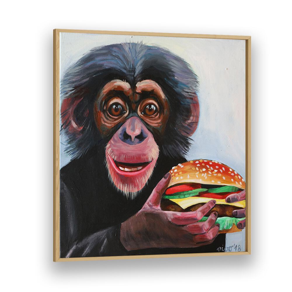 Vibrant MONKEY HOLDING A HAMBURGER, COMIC POSTERS for unique comic book decor, perfect for playful art lovers.