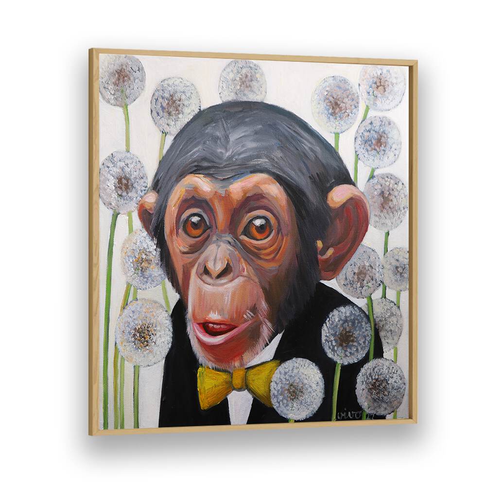 Vibrant MONKEY YELLOW BOW TIE, COMIC POSTERS artwork featuring a playful monkey in a bow tie against floral background.