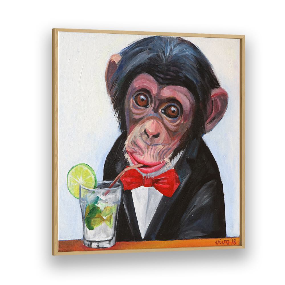 Playful MONKEY IN A TUXEDO comic poster featuring a sipping monkey, perfect for adding humor to any space.
