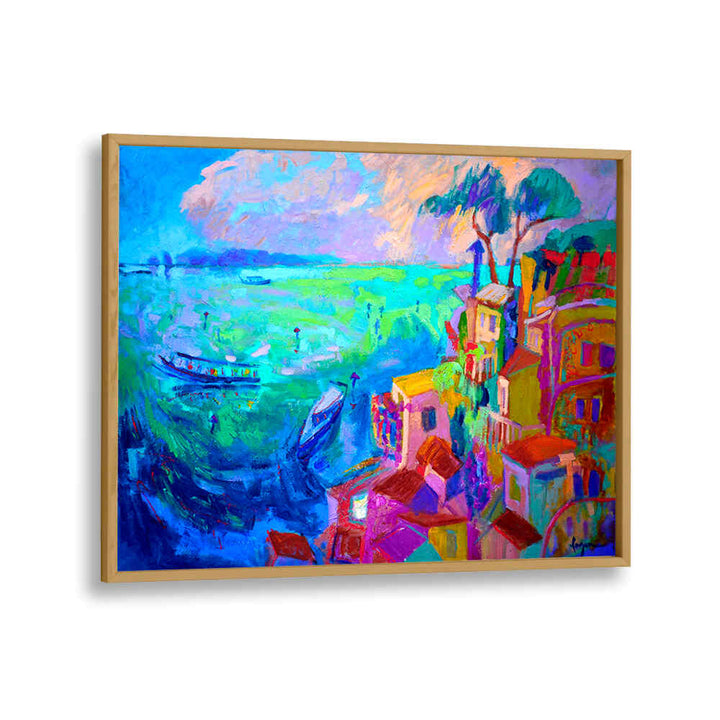 Oakwood Plain NATURE INSPIRED LANDSCAPE II , LANDSCAPE PAINTINGS: vibrant coastal scene with boats and colorful village
