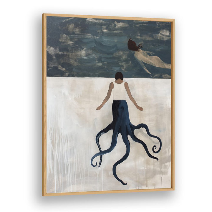 Whimsical OCTOPUS MAID, BEACH PAINTINGS artwork depicting a figure with octopus limbs at the shore, perfect for decor.