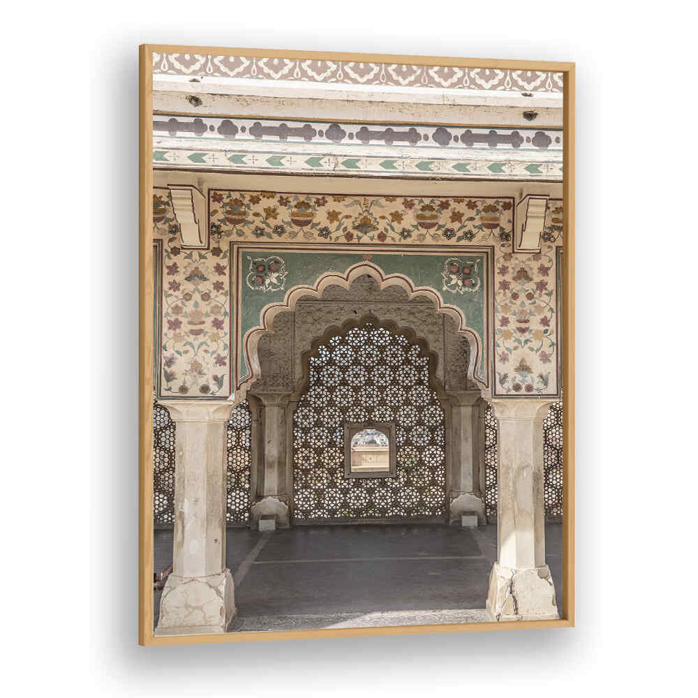 ORNATE ARCHWAY , INDIAN ART PAINTINGS — Oakwood framed print of carved jali lattice arch with floral frescoed columns