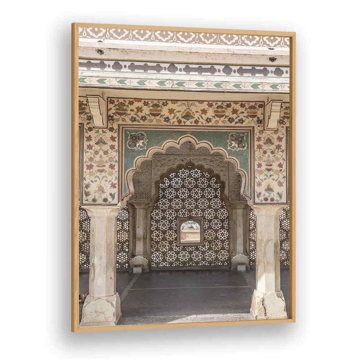 ORNATE ARCHWAY , INDIAN ART PAINTINGS — Oakwood framed print of carved jali lattice arch with floral frescoed columns