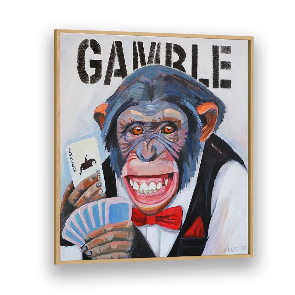 Vibrant PRIMATE'S POKER FACE, COMIC POSTERS art featuring a playful monkey in a tuxedo holding playing cards.