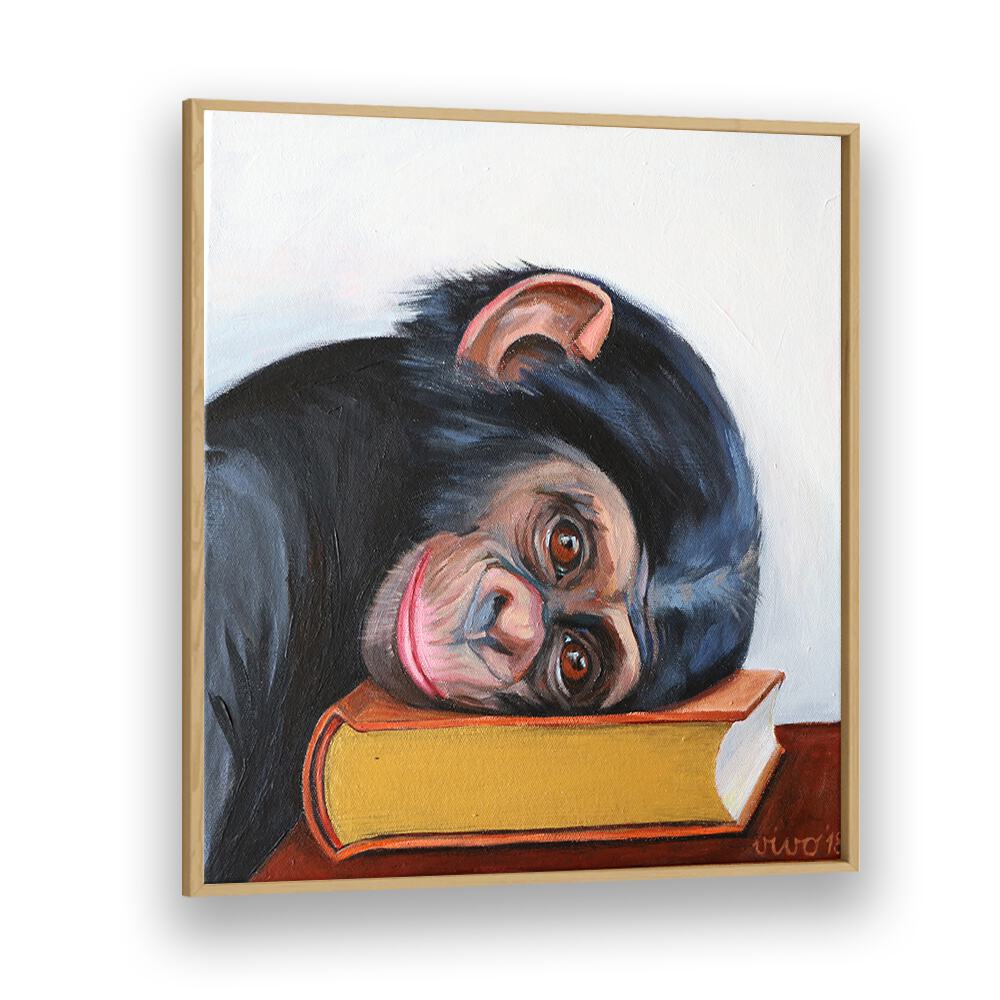 Resting Monkey Head on a Book Comic Posters adds whimsical charm to your space with vibrant abstract art.