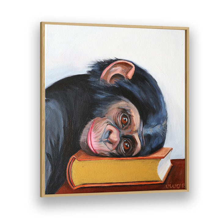 Resting Monkey Head on a Book Comic Posters adds whimsical charm to your space with vibrant abstract art.