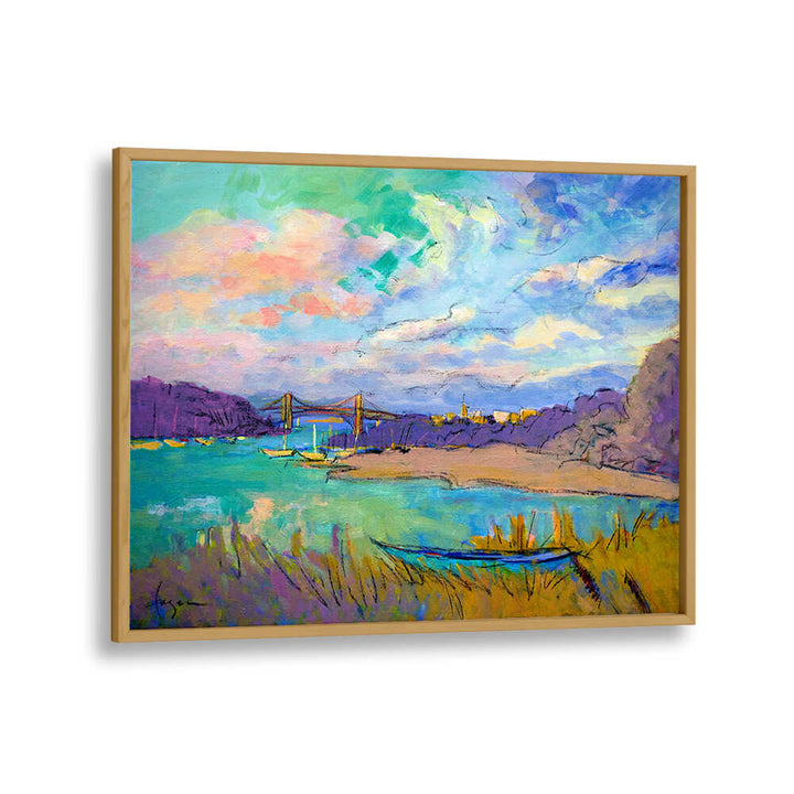 SERENE RIVER SKIES , LANDSCAPE PAINTINGS by Oakwood Plain — framed river vista with boats, bridge and pastel sky