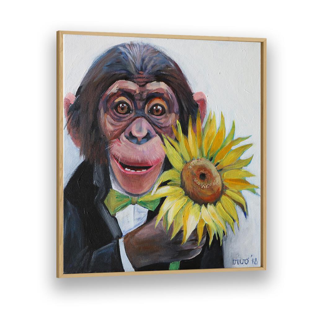 Vibrant SUNFLOWER SURPRISE, COMIC POSTERS artwork featuring a cheerful monkey with a sunflower, perfect for comic lovers.