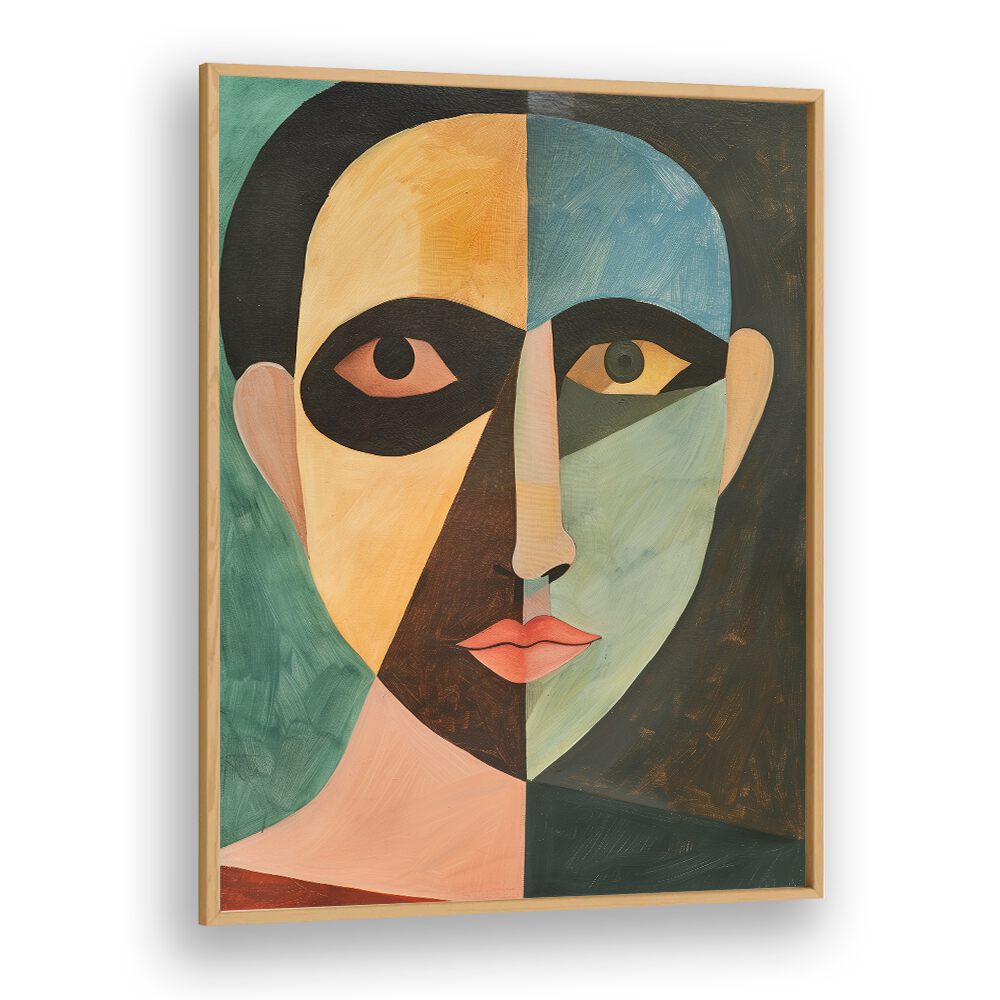 Colorful artwork titled "THE MAN IN GREEN, PORTRAITS" showcasing a striking abstract face design. Perfect for decor.