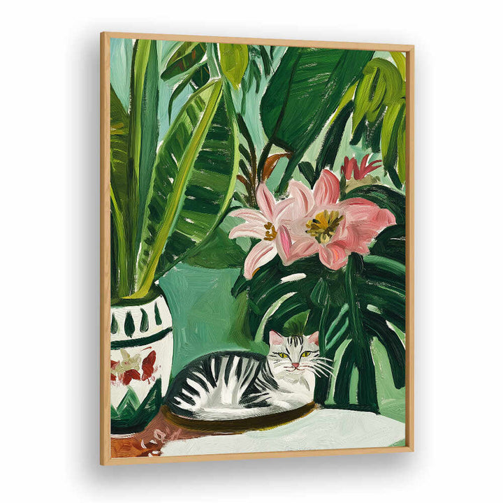 TROPICAL MUSE WITH CAT , FLORAL FLOWER PAINTINGS