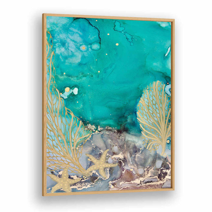 Bright turquoise waters blend with golden coral in TURQUOISE WATERS NO II, BEACH PAINTINGS for serene coastal decor.