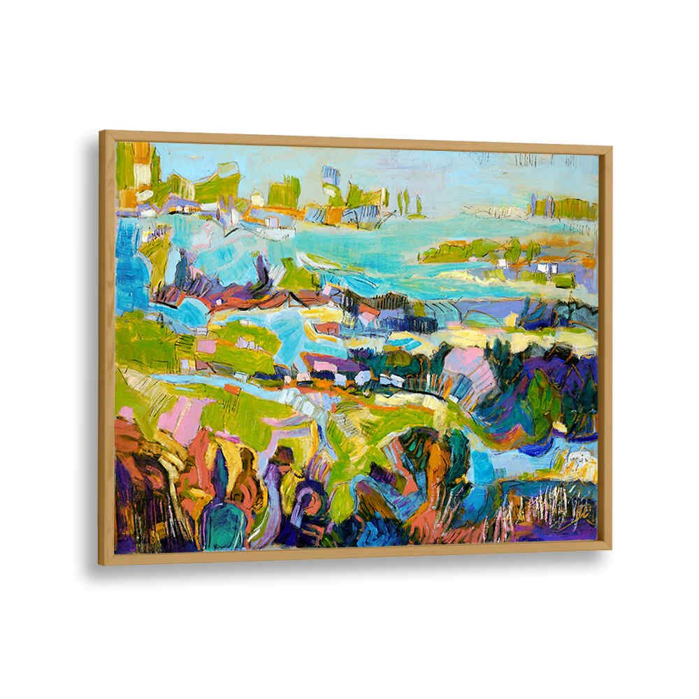 Oakwood framed VIBRANT LANDSCAPE , LANDSCAPE PAINTINGS, bold colorful abstract coastal landscape painting