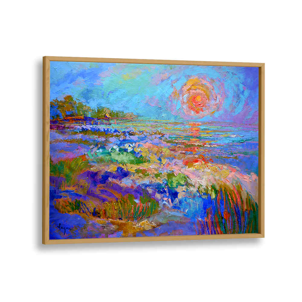 VIVID HORIZON GLOW , LANDSCAPE PAINTINGS by Oakwood framed vibrant sunrise landscape with bold colorful brushstrokes