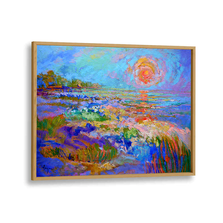 VIVID HORIZON GLOW , LANDSCAPE PAINTINGS by Oakwood framed vibrant sunrise landscape with bold colorful brushstrokes