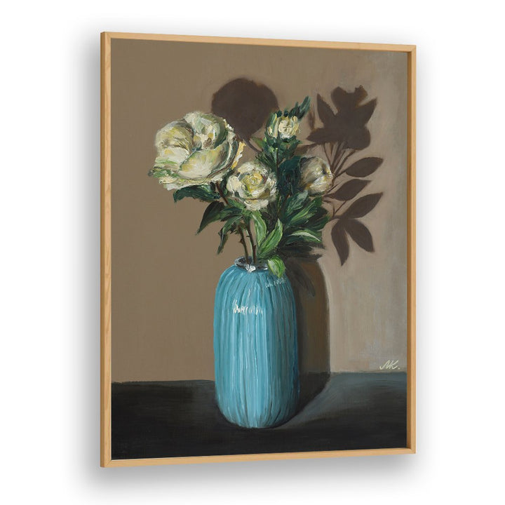 WHITE PEONIES IN BLUE VASE
