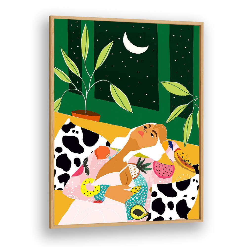 WOMAN RELAXING UNDER A CRESCENT MOON , FASHION POSTERS