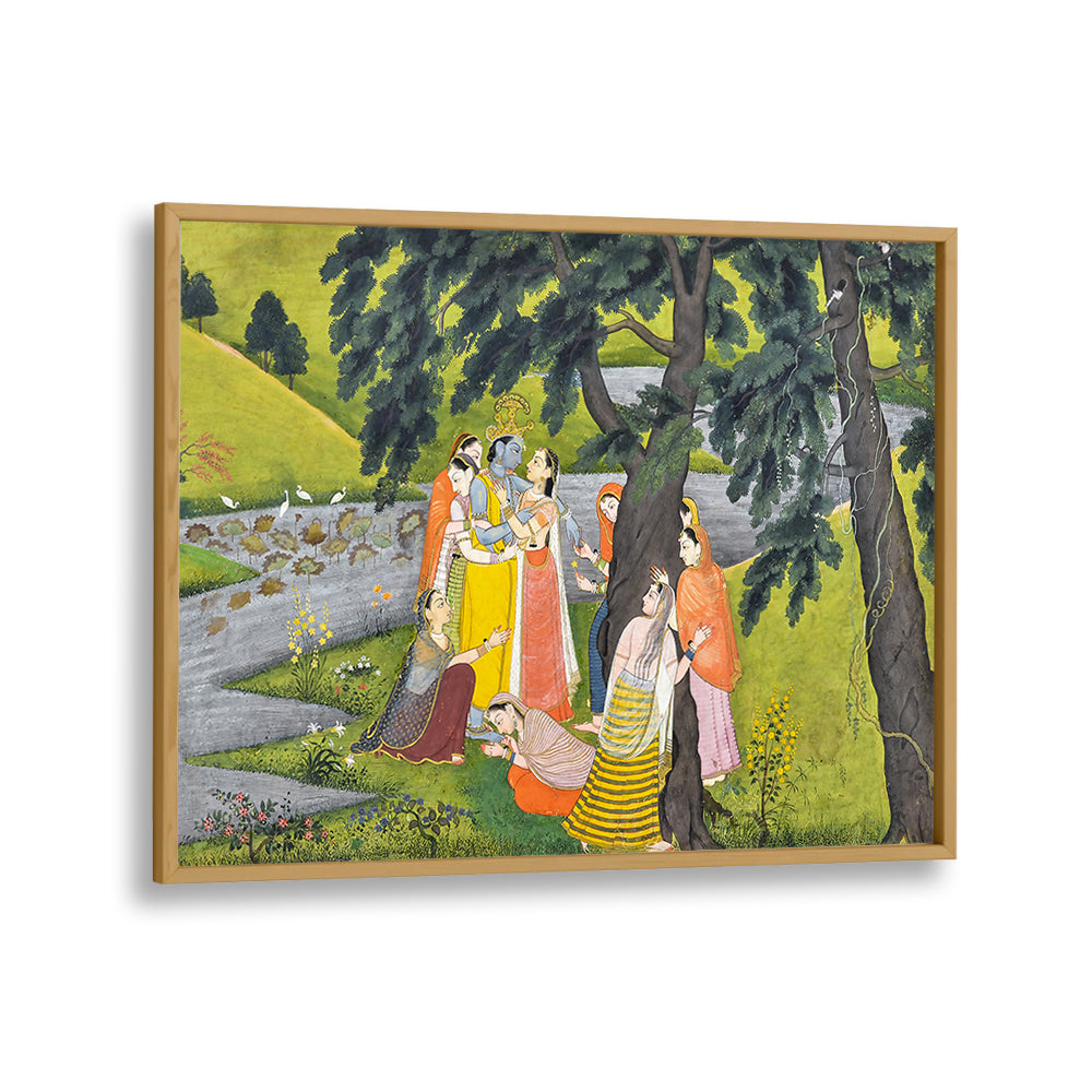 KRISHNA AND THE GOPIS ON THE BANK OF THE YAMUNA RIVER , INDIAN ART PAINTINGS