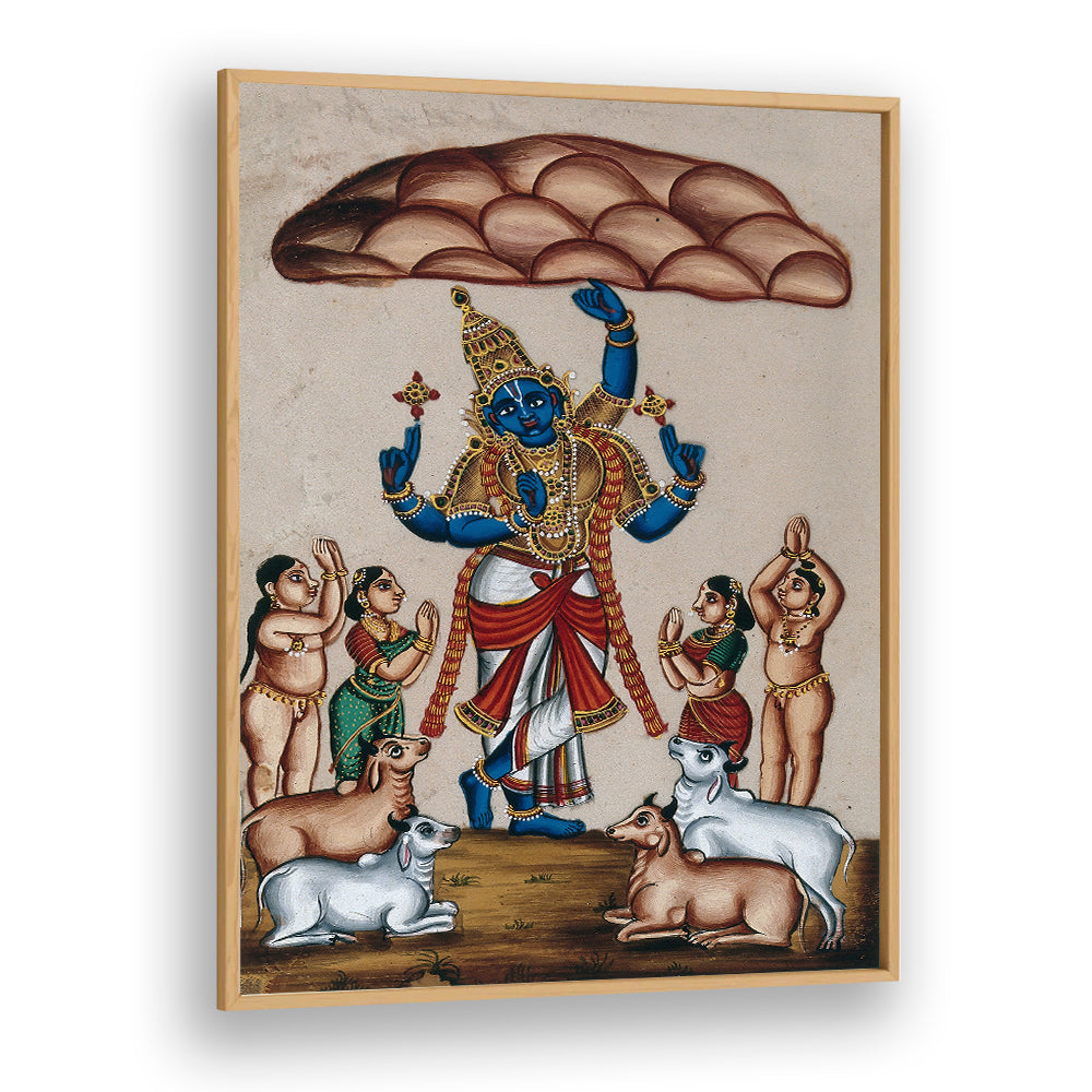 KRISHNA LIFTING MOUNT GOVARDHAN , INDIAN ART PAINTINGS