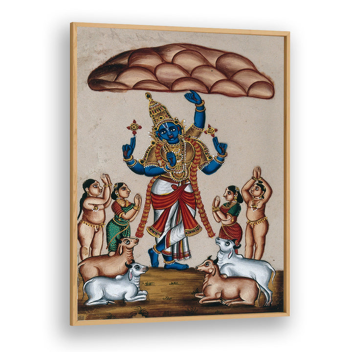 KRISHNA LIFTING MOUNT GOVARDHAN , INDIAN ART PAINTINGS