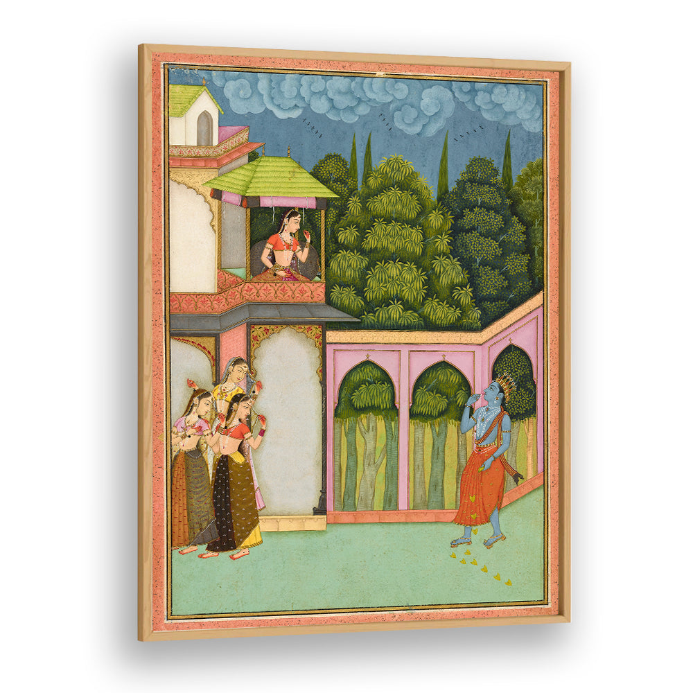 KRISHNA APPROACHES RADHA , INDIAN ART PAINTINGS