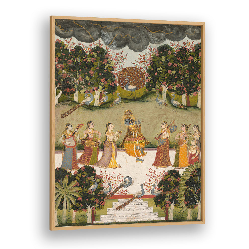 KRISHNA PLAYING THE FLUTE TO SEVEN GOPIS HOLDING MUSICAL INSTRUMENTS , INDIAN ART PAINTINGS