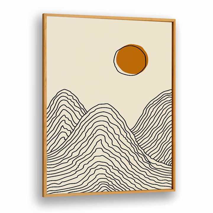 Stylish BOHO SUNSET SERIES II, LANDSCAPE PAINTINGS by Jay Stanley, featuring geometric mountain designs and a warm sun.