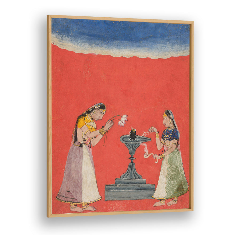 WOMEN WORSHIPPING A SHIVA LINGA , INDIAN ART PAINTINGS