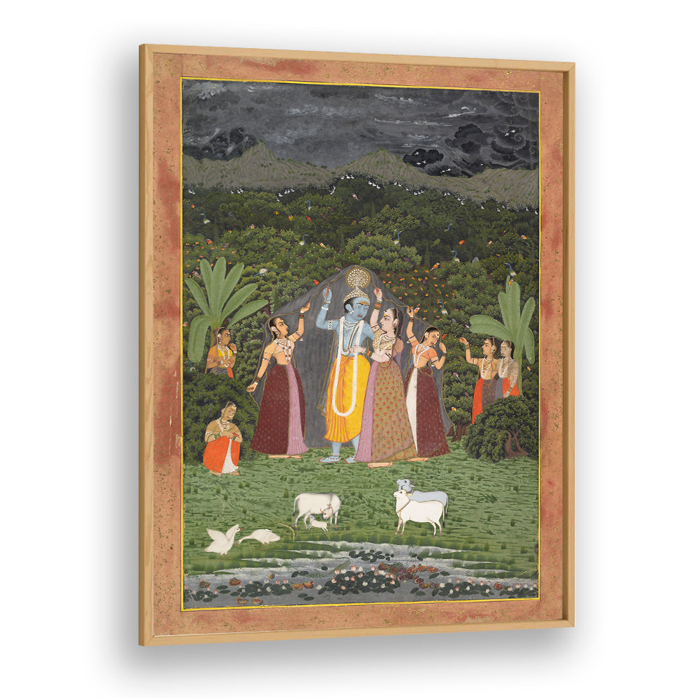 KRISHNA AND THE GOPIS TAKE SHELTER FROM THE RAIN , INDIAN ART PAINTINGS