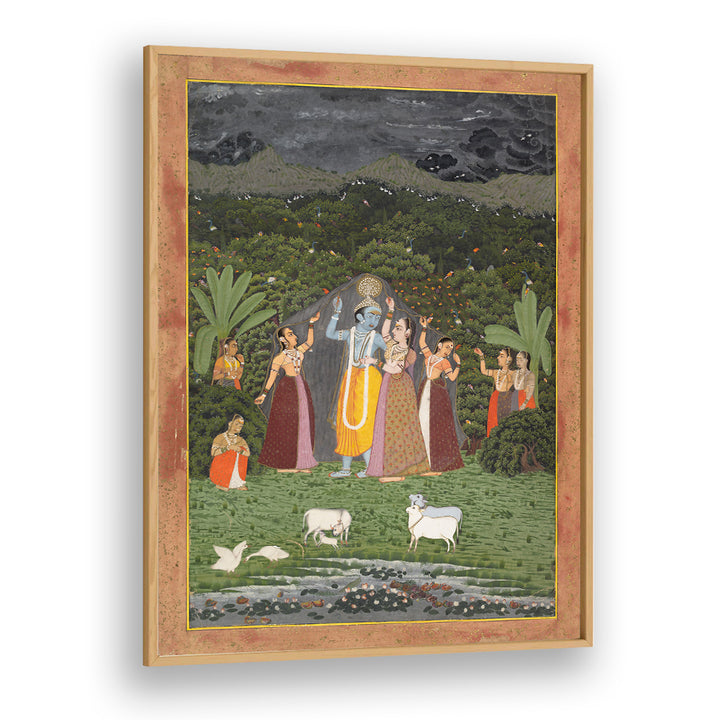 KRISHNA AND THE GOPIS TAKE SHELTER FROM THE RAIN , INDIAN ART PAINTINGS