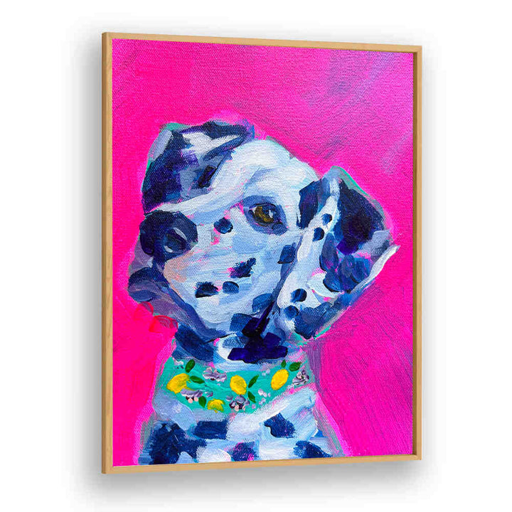 Oakwood DALMATION , FASHION POSTERS painted Dalmatian portrait with lemon-print collar on hot pink background, framed