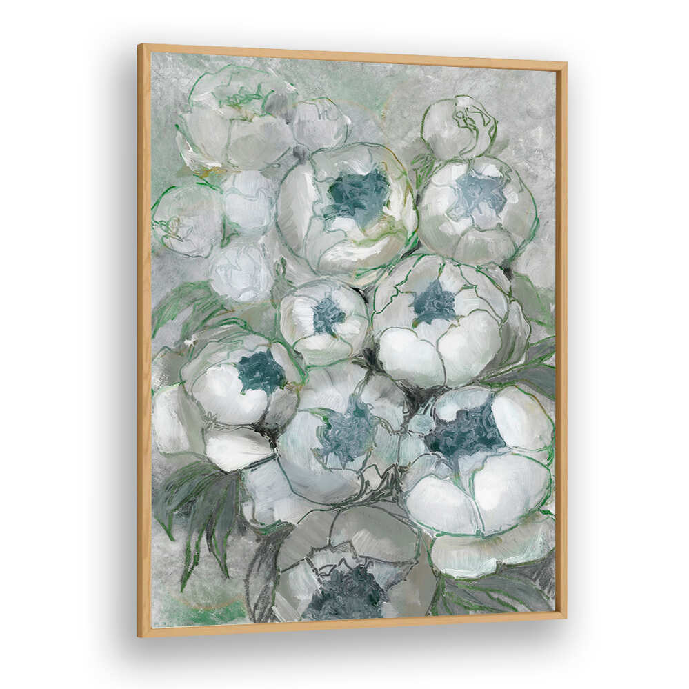 NURIA BOUQUET OF PEONIES IN TEAL AND GREEN , FLORAL FLOWER PAINTINGS