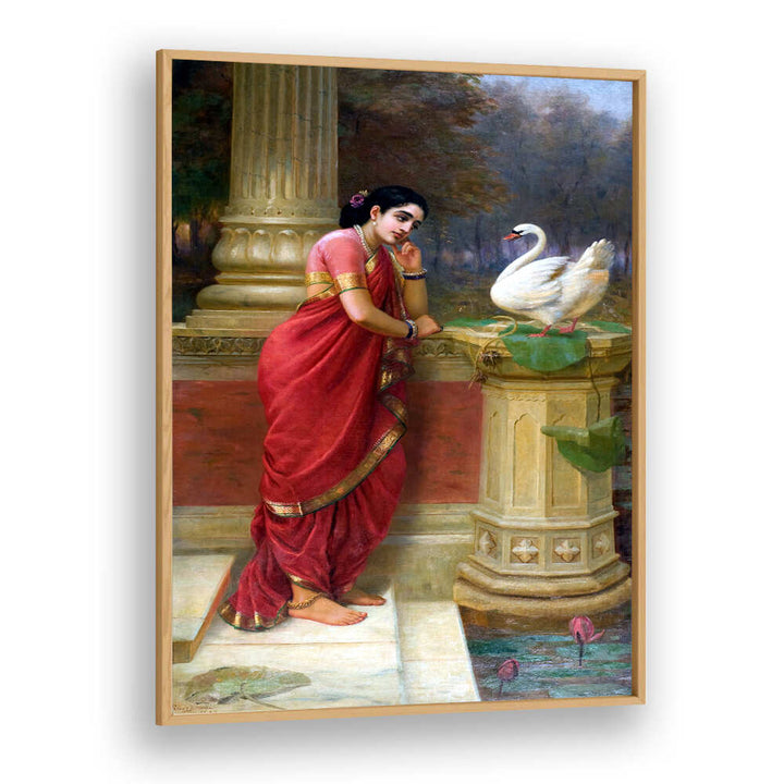 RAVI VARMA PRINCESS DAMAYANTHI TALKING WITH ROYAL SWAN ABOUT NALA , INDIAN ART PAINTINGS