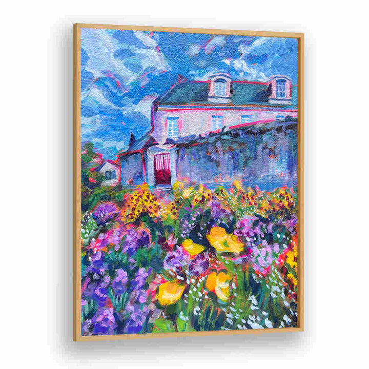 FLEURS , LANDSCAPE PAINTINGS Oakwood: vibrant flowers in foreground, cottage and dramatic blue sky