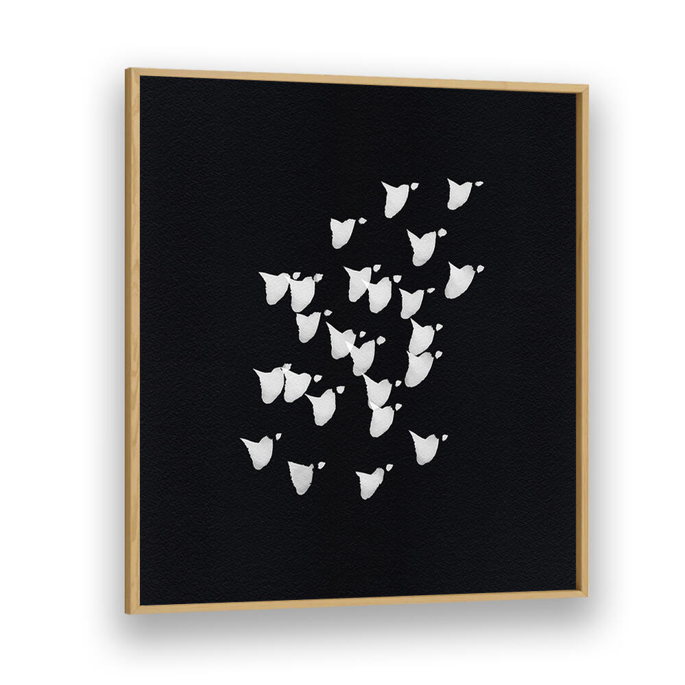 Elegant BIRDS IN FLIGHT UPWARDS BW, ABSTRACT PAINTINGS showcasing white birds against a bold black background.